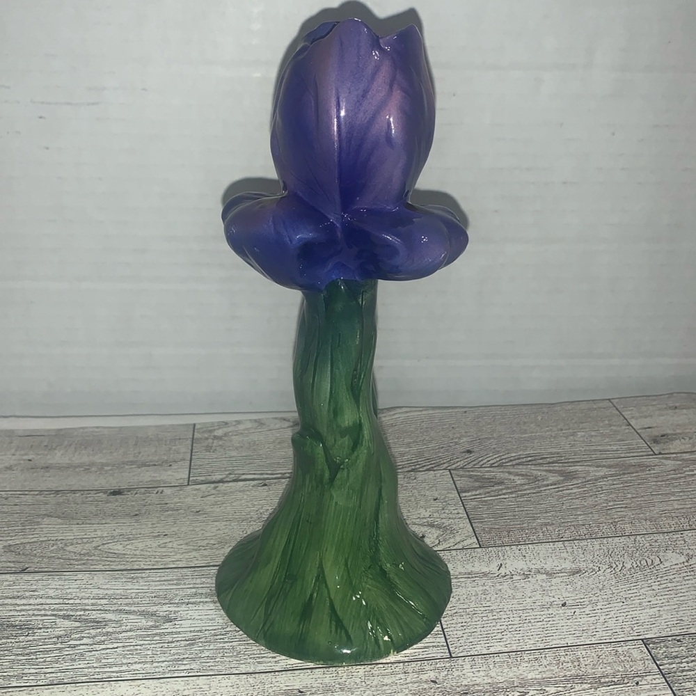 Vintage Hand painted Purple Iris porcelain candle holder / statue